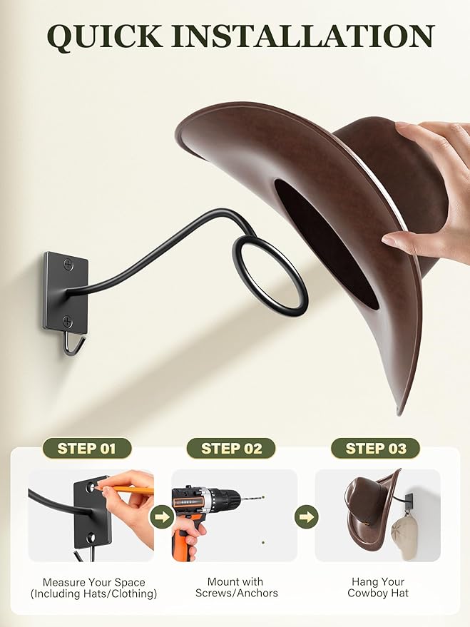 Cinati Cowboy Hat Rack for Wall 8 Pack, Cowboy Hat Holder Wall Mount, Western Rustic Metal Hats Hanger Hooks Organizer for Fedora,Sun Hats,Wide Brim, Extra Hooks for baseball Caps,Western Room Decor