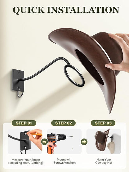 Cinati Cowboy Hat Rack for Wall 6 Pack, Cowboy Hat Holder Wall Mount, Western Rustic Metal Hats Hanger Hooks Organizer for Fedora,Sun Hats,Wide Brim, Extra Hooks for Baseball Caps,Western Room Decor
