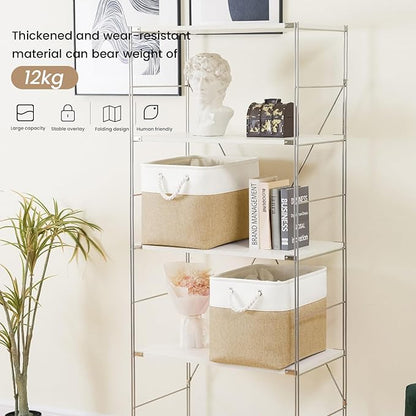 Large Storage Baskets- 16x12x12 inch Storage Bins for Shelves and Closet Organizing, Foldable Fabric Bin for Home Organization Clothes and Laundry (1-Pack, White&Khaki)