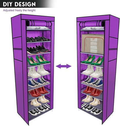 Shoe Rack,10 Tier Shoe Shelf,Shoe Storage Organizer, Space-Saving,22.83 x 11.4 x 63 Inches, Metal Frame,Non-Woven Fabric Shelves,Shoe Storage Cabinet with Dustproof Cover for Entryway, Bedroom,Purple