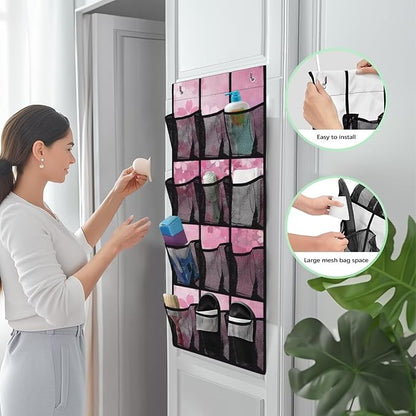 Cherry Blossom Over the Door Shoe Organizer,Shoe Organizer Door Hanger,Space Saver Shoes Hanger Storage Organizer Bag with 12 Mesh Large Pockets