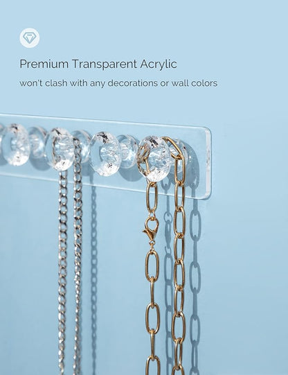 Mymazn Acrylic Necklaces Holder Wall Mounted Necklace Hangers Hanging Jewelry Organizer with 6 Hooks, Clear Jewelry Hangers for Necklace Organizer for Girls Women, Necklace Hooks for Wall (4 Pack)