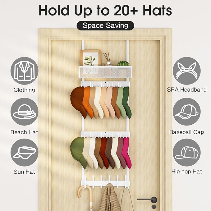 4 Tier Over Door Hat Organizer with Basket, Hat Holder Rack for Baseball Cap with 24 Hooks（2-Tier 9-Hook & 1-Tier 6-Hook）,Hat Hanger Storage Holds up to 24+ Caps for Door, Bedroom, Closet (White)