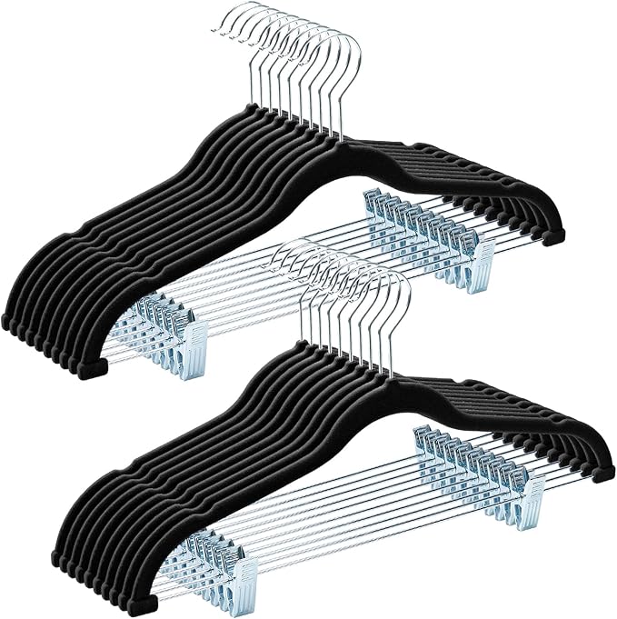 HOUSE DAY Velvet Hangers with Adjustable Clips 20 Pack, Non-Slip Suit Organizer with 360° Hook - Heavy Duty Hanger for Pants, Skirts, Blouses, Dresses - Outfit Hangers All-Season Space Saver (Black)