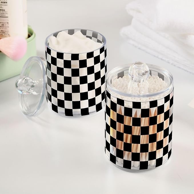 ALAZA 2pcs Black White Checkered Plaid Qtip Holder Dispenser 14 oz Bathroom Storage Clear Apothecary Jars Containers Cotton Ball,Cotton Rounds,Floss Picks, Hair Clips, Food
