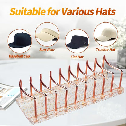 Rose Gold Hat Stand & Cap Organizer | 18-Hat Rack, Sturdy Metal Baseball Cap Holder | Rust-Proof Tabletop Storage for Closet, Bedroom, Dressing Table (Easy Assembly) 2Pcs