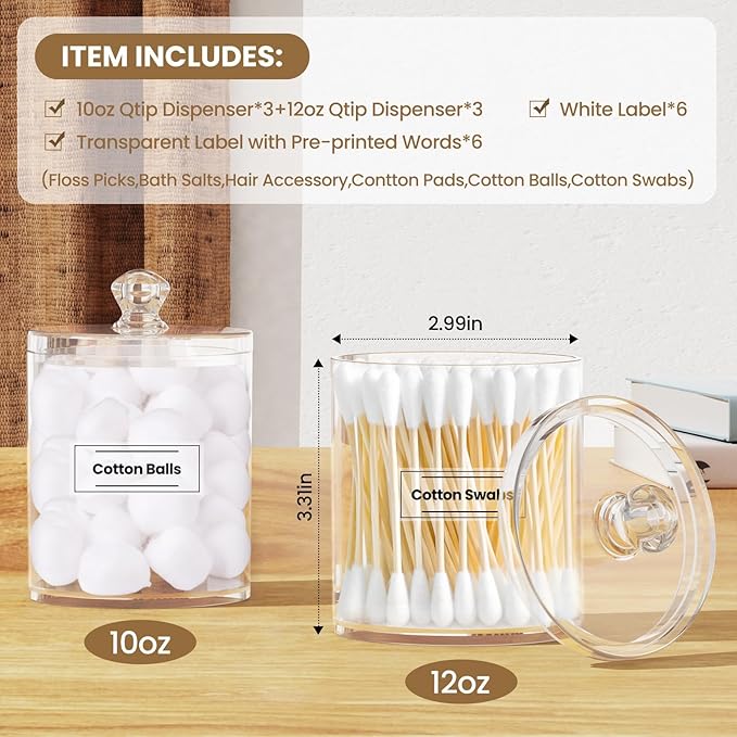 MateeyLife Qtip Holder 6 Pack, Acrylic Q-tip Dispenser for Cotton Pads, Swabs, Balls, Storage Containers for Organizing, Clear Bathroom Canisters with Lid, Apothecary Jars Home Decor Accessories Set