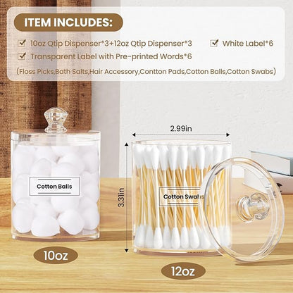 MateeyLife Qtip Holder 6 Pack, Acrylic Q-tip Dispenser for Cotton Pads, Swabs, Balls, Storage Containers for Organizing, Clear Bathroom Canisters with Lid, Apothecary Jars Home Decor Accessories Set