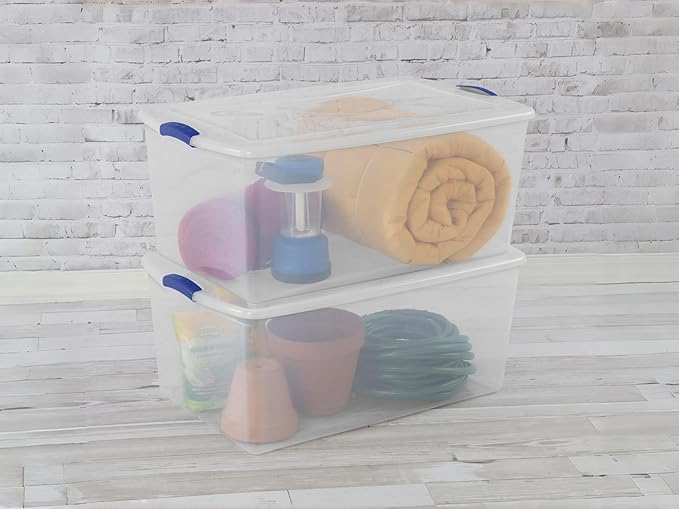 105 Quart Storage Bins with Lids, 2 Pack, Clear Plastic Containers, Stackable Tote Box Organizers for Home Garage Office Closet