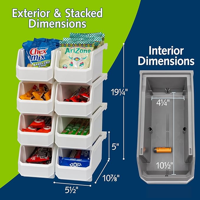 ReadySpace Plastic Containers for Organizing and Storage Bins for Closet, Kitchen, Office, Garage or Pantry Organization, Stackable Bins, Medium (11" x 5" x 5.5"), 8-Pack, White