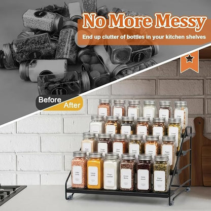 4 Tier Spice Rack Organizer for Cabinet, Step Adjustable Spice Shelf Seasoning Organizer with Non Slip Tiers, Expandable Metal Spice Rack for Kitchen Countertop, Pantry, Cupboard – Black