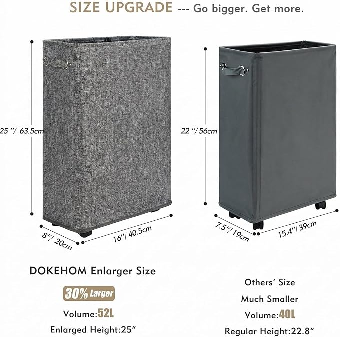 DOKEHOM 25-Inches Slim Laundry Basket on Wheels, Collapsible Rolling Laundry Hamper, Foldable Narrow Corner Clothes Storage Bins (Linen Grey)