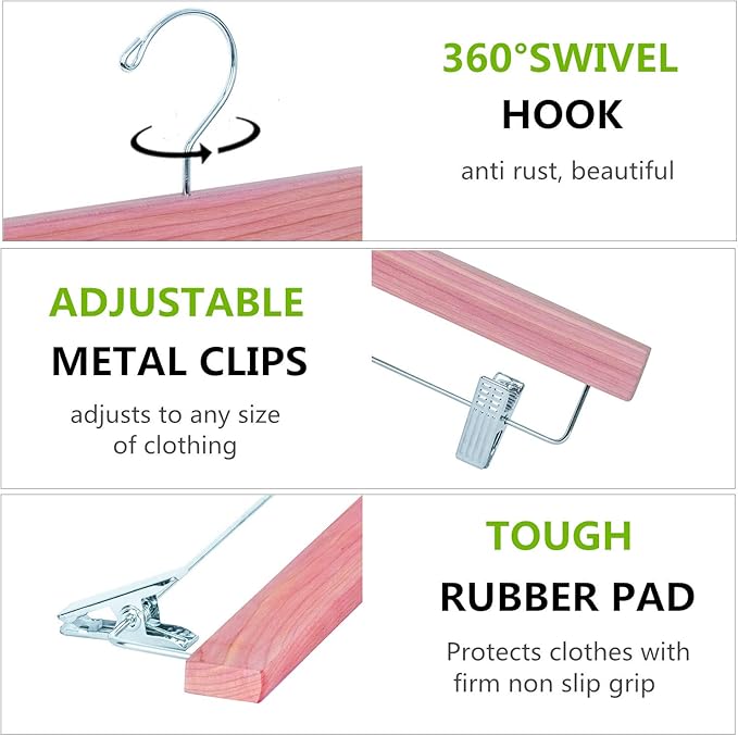 Amber Home 12 Pack American Red Cedar Wood Pants Hangers, Natural Cedar Wooden Slacks Skirts Hangers with 2-Adjustable Clips, Bottom Hangers for Trousers, Jeans, Shorts (12 Pack)