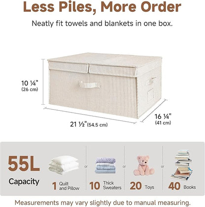 StorageWorks Extra Large Storage Bins with Lids, 55L Decorative Organizer with Divider Board, Fabric Boxes with Handles, Khaki and Beige Stripes, 2-Pack