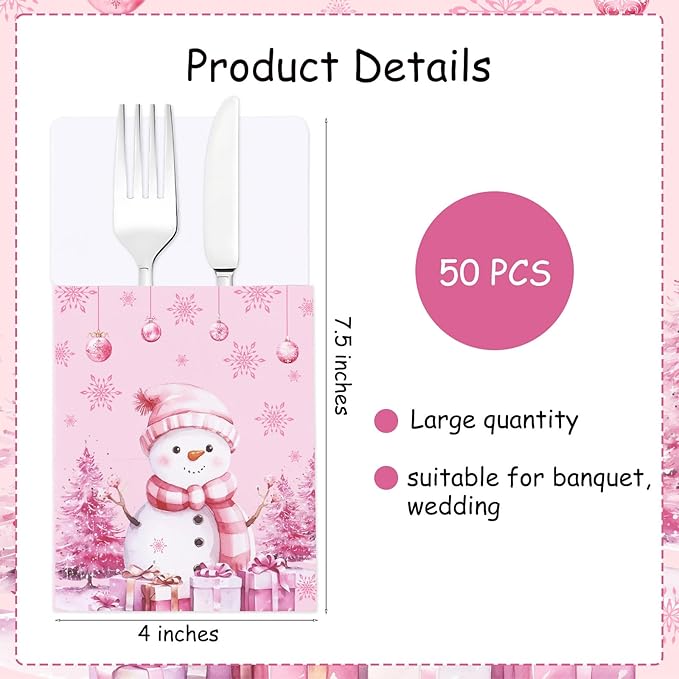 50pcs Winter Christmas Utensil Holder Pockets Pink Flatware Tableware Holder Bags Disposable Knifes Forks Silverware Bags for Christmas Party Table Decor Supplies