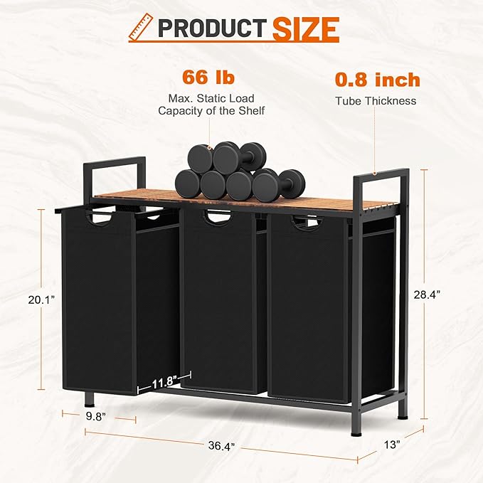 Sonharlar Laundry Hamper, Laundry Sorter with 3 Pull-Out Removable Oxford Fabric Bags Cloth Laundry Basket 3 x 10 Gallons (Black and Rustic Brown)