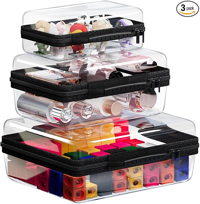 3PCS Clear Hard Shell Zipper Case, Portable Storage Box for Makeup, Toiletry, Travel, Durable and Waterproof Storage Bins, Grade Plastic Zipper Case, Cosmetic Bag (Black)