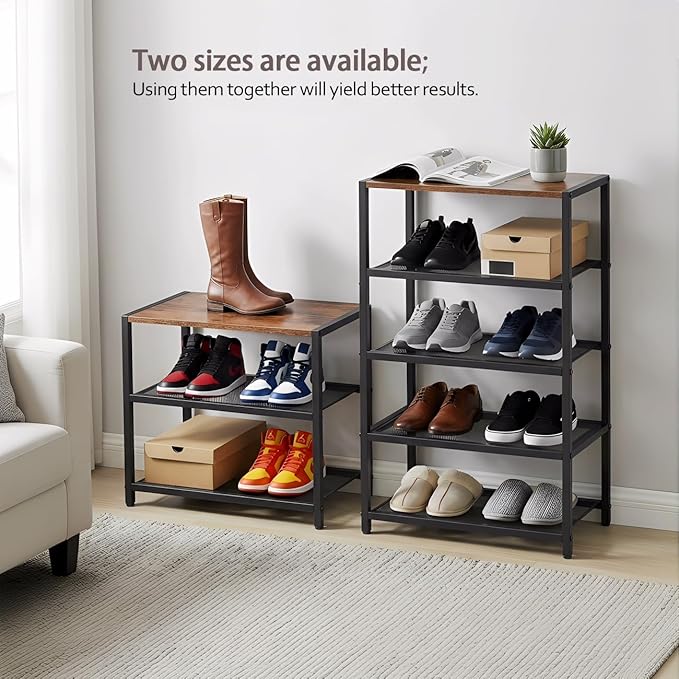 Narrow Shoe Rack for Front Door Entrance, Entryway, and Closet Shoe Organizer with 4 Sturdy Metal Mesh Shelves and Wooden Top, Holds 10 Pairs, Ideal for Storage or Display