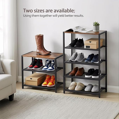 Narrow Shoe Rack for Front Door Entrance, Entryway, and Closet Shoe Organizer with 4 Sturdy Metal Mesh Shelves and Wooden Top, Holds 10 Pairs, Ideal for Storage or Display