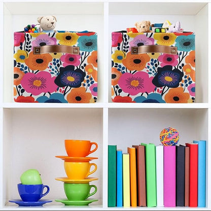 Large Storage Basket Cartoon Drawing Poppies Storage Bin Cube Canvas Fabric Organizer Handles Collapsible for Clothes Toys Bedroom Decorative