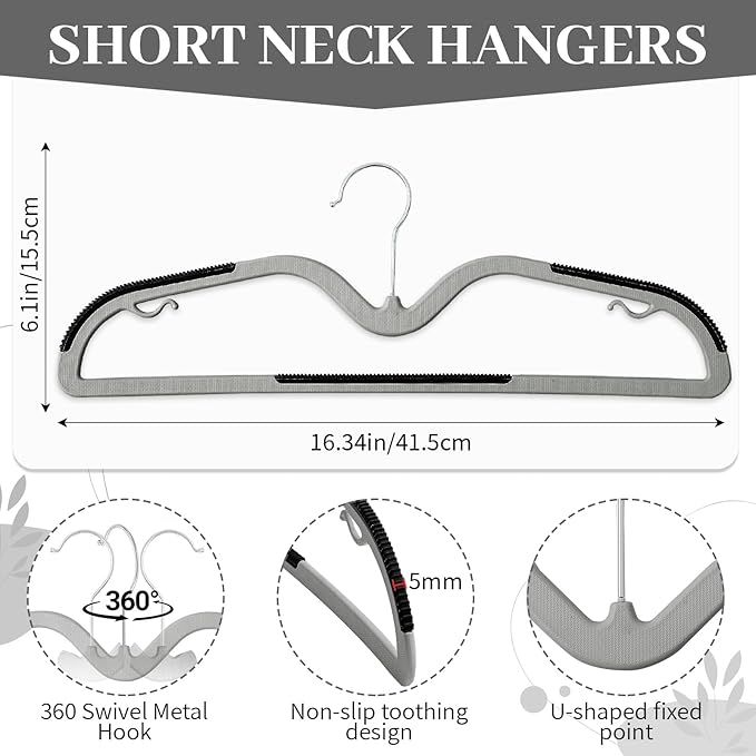 LemonRoad 36 Pack Short Neck Hangers, Upgraded Non-Slip Plastic Hangers Lifts Clothes 3" Higher, Space Saving 360 Swivel Hook for Closet Organizer, Shirts Jackets Dresses, Smooth (Black Gray)