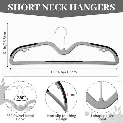 LemonRoad 50 Pack Short Neck Hangers, Upgraded Non-Slip Plastic Hangers Lifts Clothes 3" Higher, Space Saving 360 Swivel Hook for Closet Organizer, Shirts Jackets Dresses, Smooth (Black Gray)