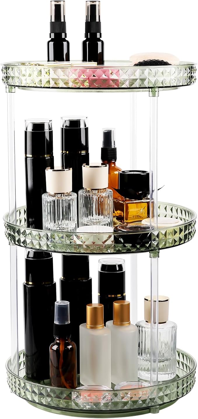 360 Clear Rotating Makeup Organize for Vanity,3 Tiers Lazy Susan with Diamond Pattern, Large-Capacity Skincare Organizers Cosmetic Display Case Organizer for Dresser (Vintage Green, 3Tiers)