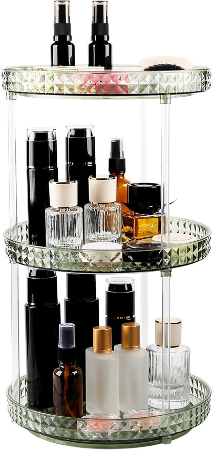 360 Clear Rotating Makeup Organize for Vanity,3 Tiers Lazy Susan with Diamond Pattern, Large-Capacity Skincare Organizers Cosmetic Display Case Organizer for Dresser (Vintage Green, 3Tiers)