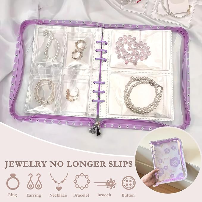 Jewelry Organizer Travel,Jewelry Storage Book with 45 Portable thick PVC pouches,Jewelry Organizer Zipper Bags for Necklaces Bracelet Rings and Earrings (front cover removable),Purple