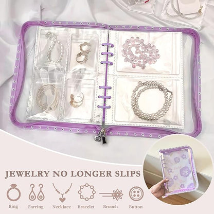 Jewelry Organizer Travel,Jewelry Storage Book with 45 Portable thick PVC pouches,Jewelry Organizer Zipper Bags for Necklaces Bracelet Rings and Earrings (front cover removable),Purple