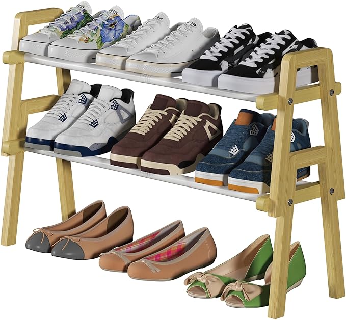 2-Tier Bamboo Shoe Rack Stackable, Shoe Organizer for Entryway and Closet, Modular Small Shoe Storage Shelf, Space-Saving Free Standing, Holds 8-10 Pairs of Shoes, Natural