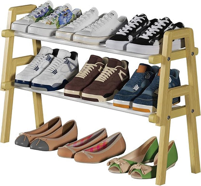 2-Tier Bamboo Shoe Rack Stackable, Shoe Organizer for Entryway and Closet, Modular Small Shoe Storage Shelf, Space-Saving Free Standing, Holds 8-10 Pairs of Shoes, Natural