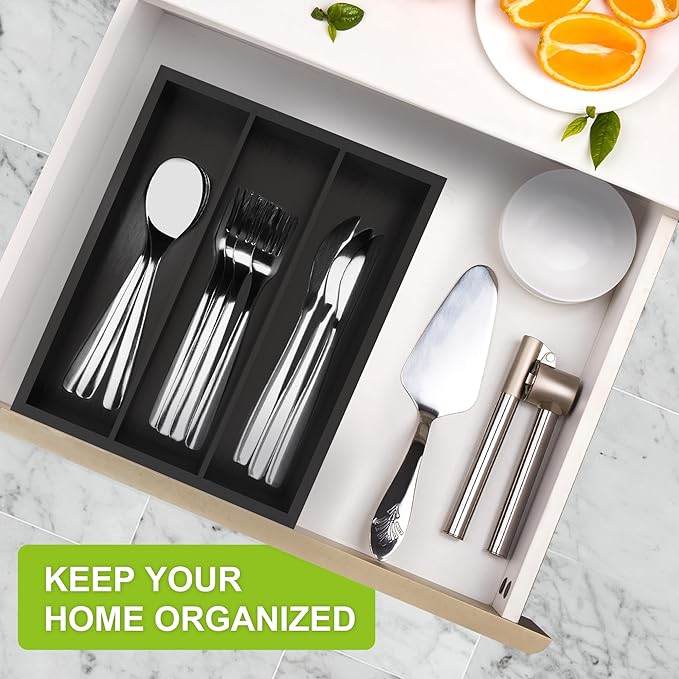 Unibambou Bamboo Utensil Drawer Organizer, Silverware Tray Organizer, Kitchen Drawer Organizer for Flatware Cutlery (Black, 3 Slots)