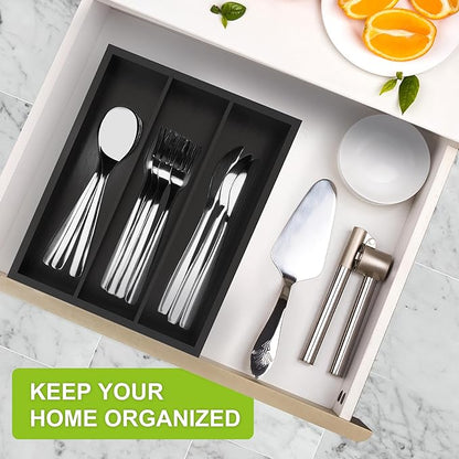 Unibambou Bamboo Utensil Drawer Organizer, Silverware Tray Organizer, Kitchen Drawer Organizer for Flatware Cutlery (Black, 3 Slots)