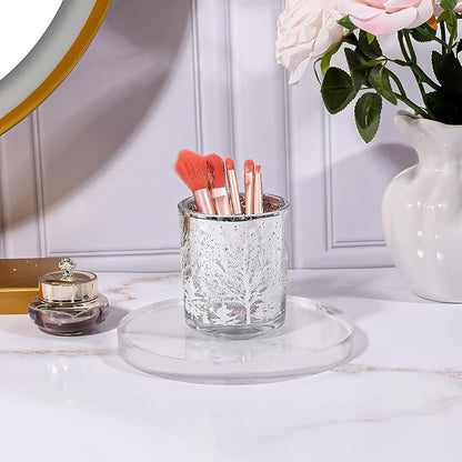 DASITON Makeup Brush Holder Organizer, Crystal Glass Cosmetic Makeup Brushes Storage Holder, Christmas Tree Make Up Brush Cup for Vanity Décor, Small Pen Holders for Desk, Toothbrush Holders (Silver)