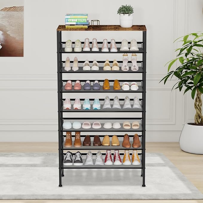 Large Shoe Rack 8 Tier Shoe Organizer, Heavy Duty Metal Shoe Storage Vertical Shoe Rack for Closet Front Door Entrance, Up to 28 Pairs, Top Wooden Storage Shelf, Black