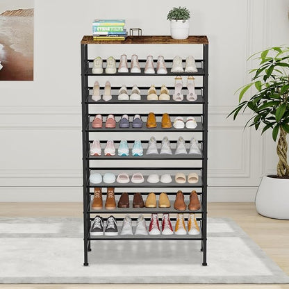 Large Shoe Rack 8 Tier Shoe Organizer, Heavy Duty Metal Shoe Storage Vertical Shoe Rack for Closet Front Door Entrance, Up to 28 Pairs, Top Wooden Storage Shelf, Black