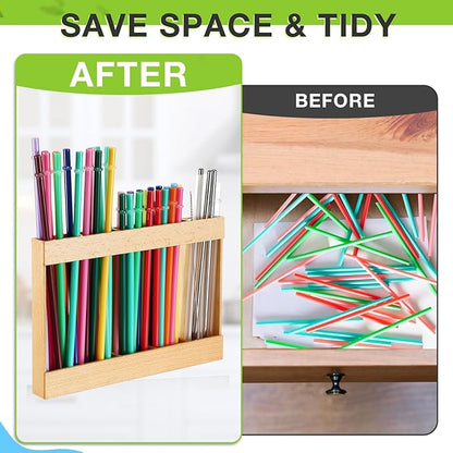 Qinyoung Wooden Straw Holder for Cabinet Door with Double Sided Adhesive Tape Tumbler Straw Organizer for Cupboard Reusable Tumbler Storage Container for Kitchen Counter(Wood Color)