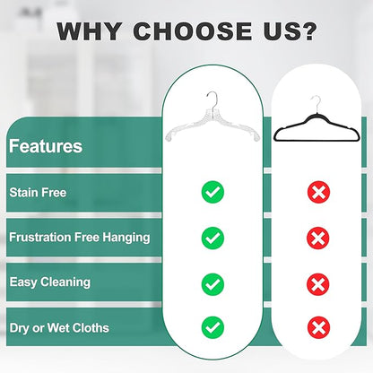 Quality Hangers 96 Pack Clear Plastic Hangers with Super Easy 360 Degree Swivel Hook – Shirt Hangers with Precision Notches for Secure Hanging – Slim Crystal Coat Hangers – 17 Inches (96, 17")
