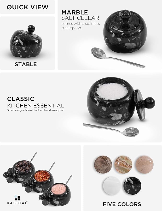 Radicaln Marble Salt Cellar with Lid 3" Inch Black Table Salt Container & Sugar Bowl For Kitchen Countertop, Ideal Salt Dish & Salt Jar for Celtic Salts