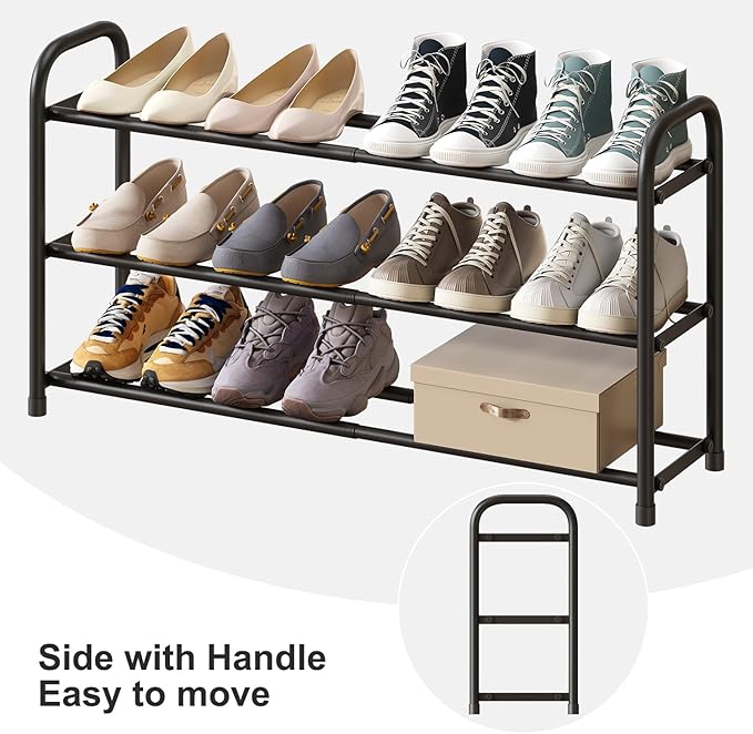 kiplant Shoe Rack for Closet, 3-Tier Expandable Shoe Organizer, Metal Adjustable Black Shoe Shelf Storage Organizer, Free Standing Shoe Rack for Entryway Closet Doorway