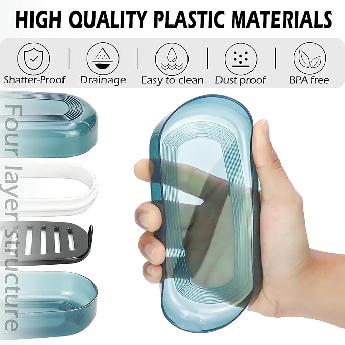 AIDIMMING Clear Shampoo Bar Holder, Large Plastic Travel Soap Case with Lid and Drain Tray, Fits Duke Cannon Soap bar, Kitsch Shampoo and Conditioner Bars Set, for Camping, Gym, Bathroom (Max, Blue)