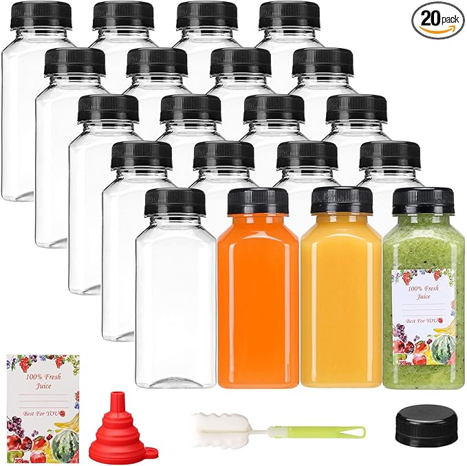 SUPERLELE 20pcs 8oz Plastic Juice Bottles, Reusable Juice Containers with Lids for Juicing, Smoothie, Drinking and Other Beverages