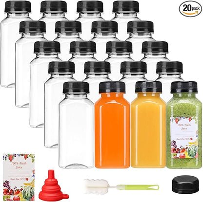 SUPERLELE 20pcs 8oz Plastic Juice Bottles, Reusable Juice Containers with Lids for Juicing, Smoothie, Drinking and Other Beverages