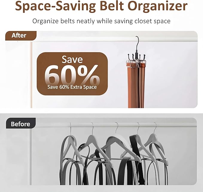 ZEDODIER Belt Organizer for Closet, Heavy-Duty Rotating Belt Hanger Rack Holds up to 24 Belts, Hanging Space Saving Metal Belt Holder for Closet Storage, Black