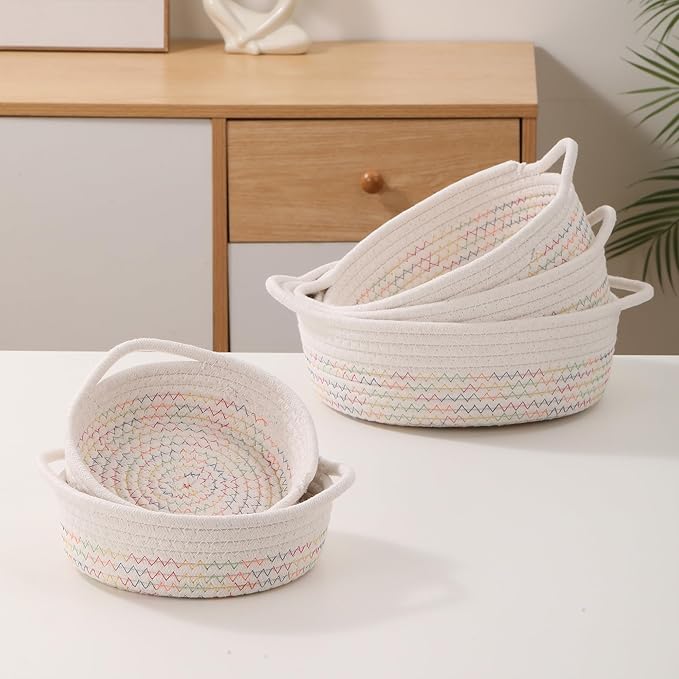 YMhoart Small Storage Woven Baskets Shelves Natural Cotton Rope Bins with Handle Toilet Tank Paper for Countertop Cute Gifts Organizing Mini Nursery 5 Set box (White)