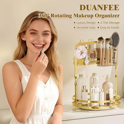 360 Rotating Makeup Organizer for Vanity, Gold Perfume Organizer, 2-Tier Lazy Susan for Bathroom Counter Organizer, Large Spinning Skincare Dresser Storage with Brush Holder & Jewelry Hooks