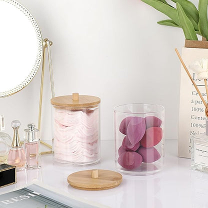 Hipiwe 2 Packs Acrylic Qtip Holder Clear Bathroom Dispenser with Lid Plastic Bathroom Canisters Round Apothecary Jar Set Cotton Swab and Ball Storage Organizer for Makeup Sponges, Bath Salts