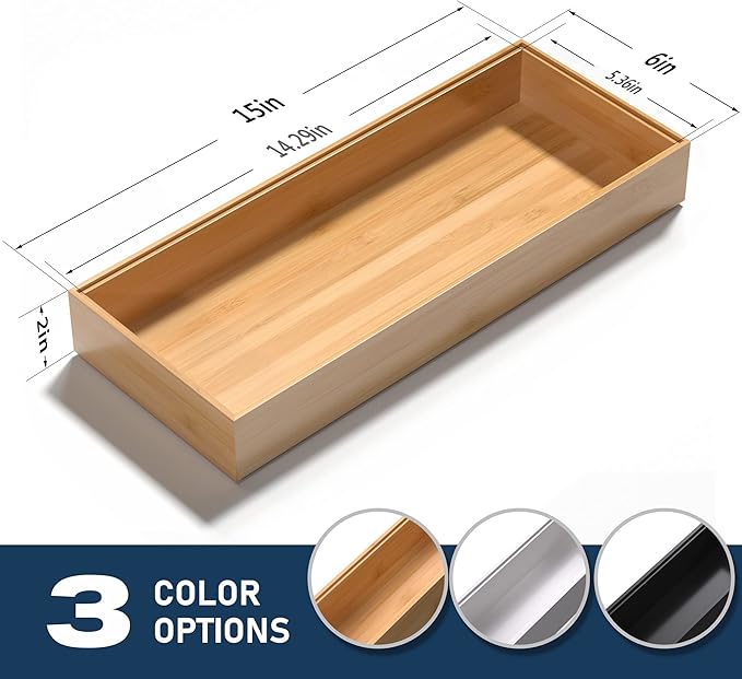 VeyFey Bamboo Drawer Organizer, Stackable Utensil Organizer for Kitchen, Bamboo Storage Box Wood Silverware Tray for Drawer 15" x 6" x 2" Set of 2