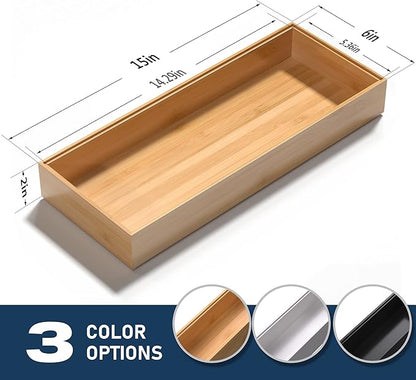 VeyFey Bamboo Drawer Organizer, Stackable Utensil Organizer for Kitchen, Bamboo Storage Box Wood Silverware Tray for Drawer 15" x 6" x 2" Set of 2
